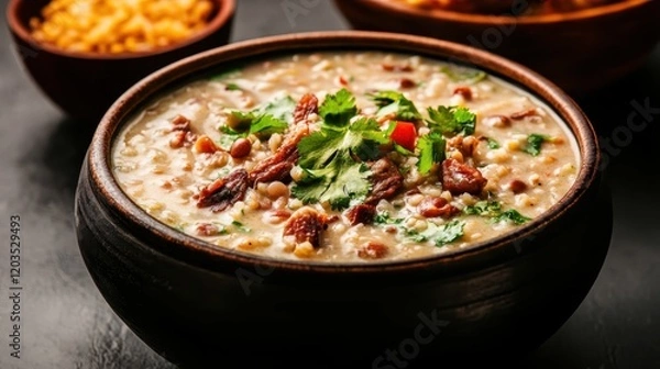 Fototapeta A hearty bowl of creamy bean soup garnished with fresh herbs sits invitingly on a table, showcasing comfort food perfect for cozy gatherings or family meals.