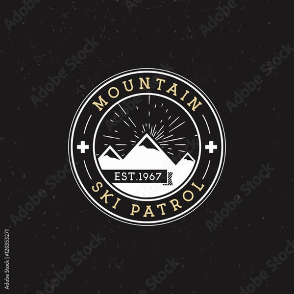 Fototapeta Camping Label. Vintage Mountain ski patrol round patch. Outdoor adventure logo design. Travel retro and hipster color insignia. Adventure badge design. Wilderness emblem and stamp. Vector