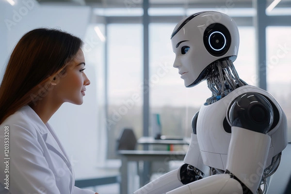 Fototapeta Advanced AI robot interacting with a doctor, displaying empathy through realistic facial expressions.