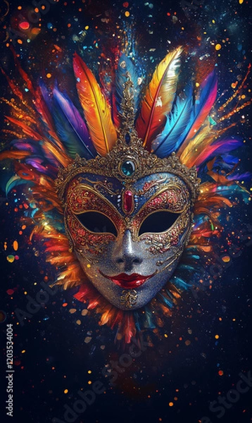 Fototapeta Elegant colorful carnival poster background, black background, mask with many details and decorations, evocative and elegant composition, empty, some colorful neon flashes. Copy space. Banner.