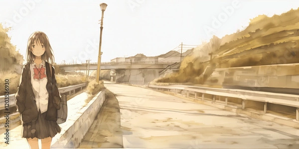 Obraz 下校中の少女。水彩画。イラスト。バナー素材。挿絵。