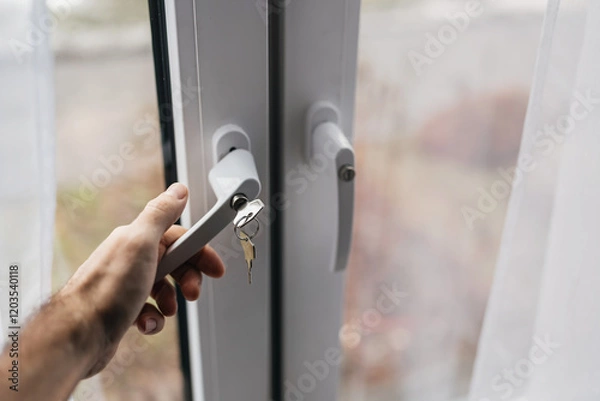 Fototapeta Male hand holding window handle to street with locking key for child safety.
