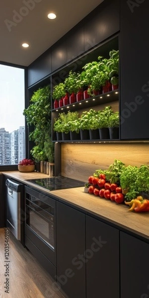 Fototapeta Elegant vertical kitchen design with glass wall panels urban cityscape culinary environment modern aesthetic stylish viewpoint high fidelity concept