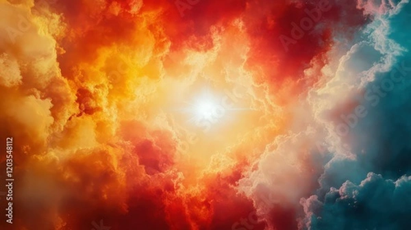 Fototapeta Vibrant red, orange, yellow, and blue hues blending into soft clouds, with a radiant white light in the center, creating a surreal, dreamlike cosmic composition.