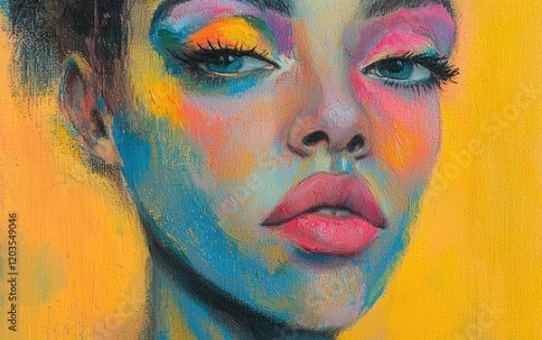 Fototapeta A striking portrait of a woman with colorful makeup, enhanced by a simple pastel matte texture.