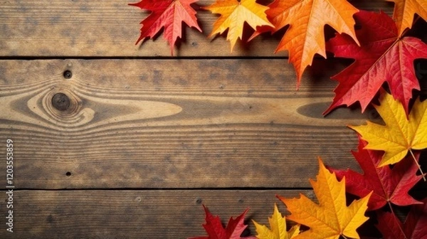 Fototapeta Autumnal Leaves Frame on Rustic Wooden Background A Perfect Fall Seasonal Design Element