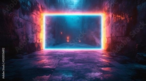Fototapeta Neon cyan rectangular frame electric blue edges illuminating a dark textured concrete backdrop giving off a soft fluorescent glow that emphasizes a futuristic minimalistic design