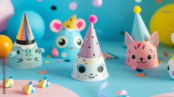 Fototapeta A playful party cap featuring cartoon characters for a kids' party.