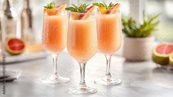 Fototapeta The group of girlish cocktails in tall stemmed glasses were a vibrant shade of pink, adorned with delicate fruit garnishes and shimmering with edible glitter