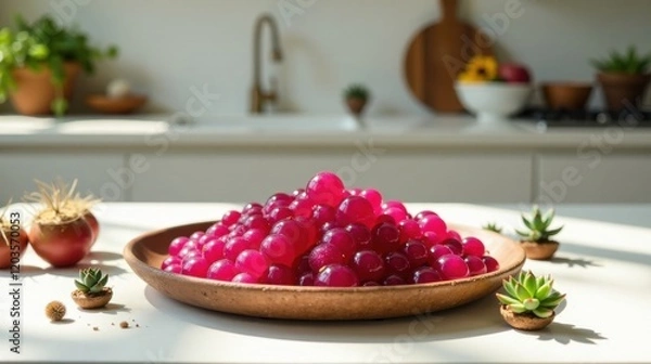 Obraz Sunlit Kitchen Scene with Vibrant Pink Spheres in a Rustic Bowl, Adorned with Miniature Succulents