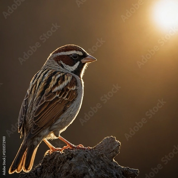 Fototapeta A sparrow with shimmering gold and copper feathers silhouetted against the sun.