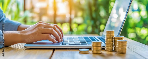 Fototapeta A person uses a laptop to manage finances with stacks of coins nearby. The setting features lush greenery, suggesting a peaceful outdoor workspace at midday.