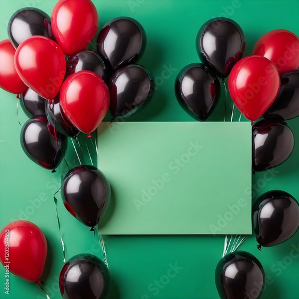 Obraz Colorful red and black balloons surround a blank green card on a vibrant backdrop for celebrations