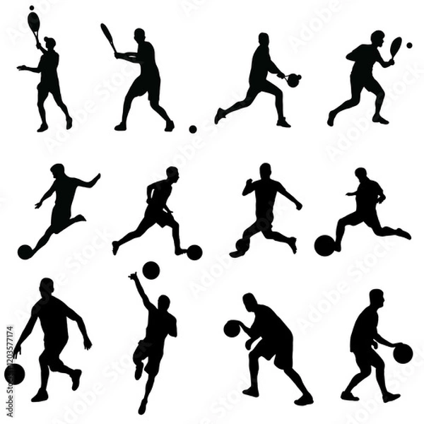 Obraz Figures of a person playing football, tennis, basketball, logo of a person playing sports, icon on a transparent background 