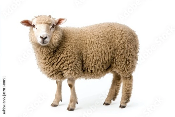 Obraz Fluffy sheep standing against white background.