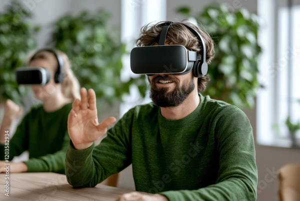Fototapeta A modern classroom with a teacher using virtual reality headsets to immerse students in a foreign language-speaking environment,