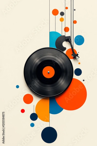 Obraz A creative depiction of a vinyl record spinning on a turntable, with colorful grooves and retro-style design elements,