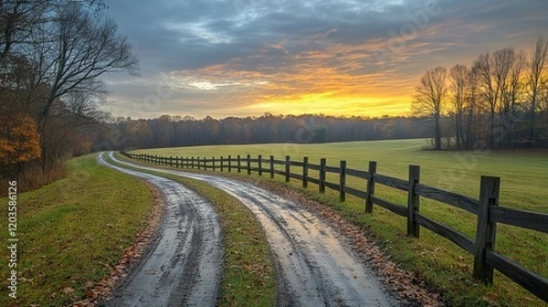Obraz A peaceful country road winds through a field at sunrise, with a wooden fence alongside the wet path and a warm glow from the sky
