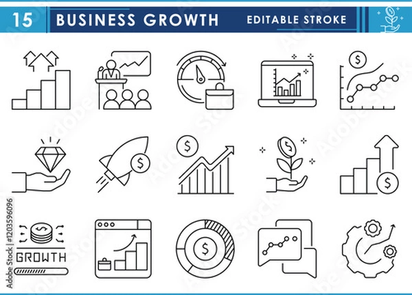 Fototapeta A set of line icons related to Business Growth. Business, dollar, money, income, sales, high, graph, monitoring, success, rate, and so on. Vector editable stroke.