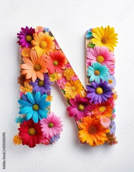 Obraz lettre n en fleur, lettre N décorée de fleur avec pétales en ia
