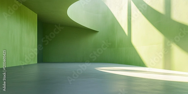 Fototapeta Green painted curved space and floor for presentation, banner