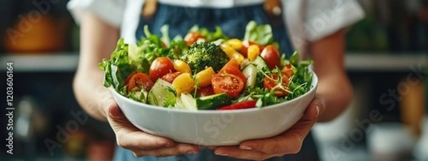 Fototapeta Closeup image of a female chef cooking and holding a bowl of fresh mixed vegetables salad in kitchen
