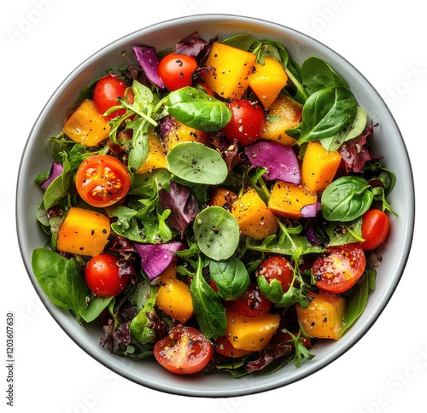Fototapeta Colorful mixed salad with fresh vegetables and herbs on a white background