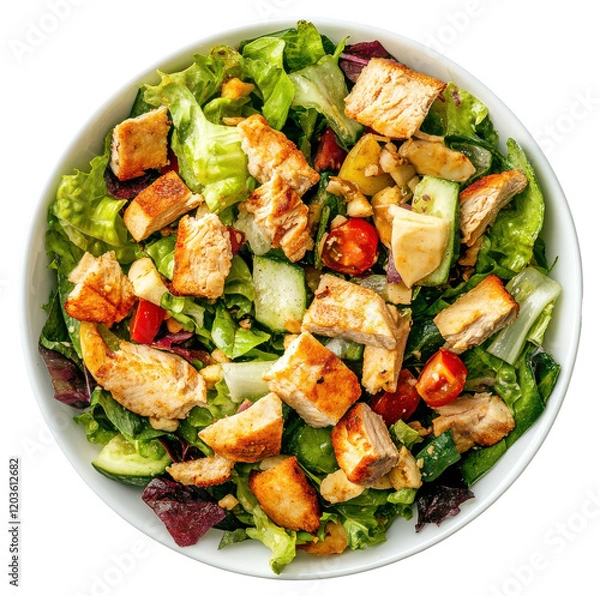 Fototapeta Fresh salad with grilled chicken and assorted vegetables on a white background
