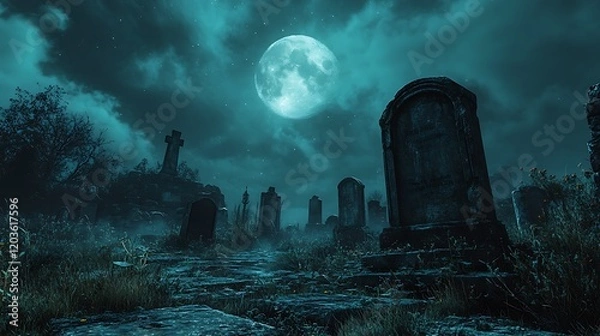 Fototapeta A creepy graveyard with old tombstones and a full moon in the background 