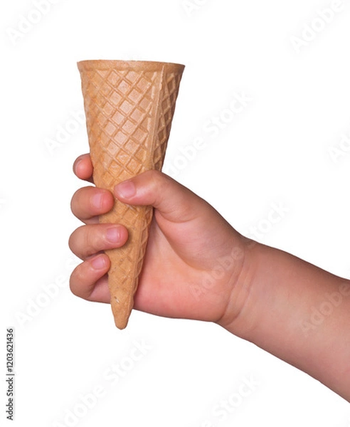Fototapeta kid hand hold empty ice cream biscuit cone