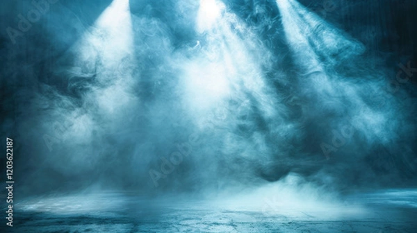 Obraz Mysterious fog fills stage, illuminated by dramatic blue lights, creating atmospheric scene perfect for performances or events