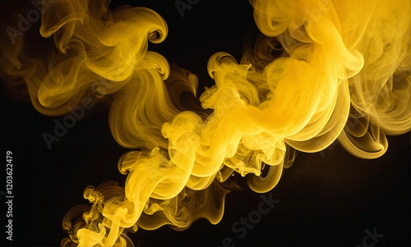 Fototapeta   Dramatic hot yellow smoke rising against a dark background with intricate swirls and light effects