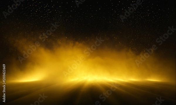 Fototapeta   A mesmerizing scene of golden yellow fog illuminated from within against a pitch-black canvas, with glowing particles and subtle light rays that create a highly detailed and intricate inte