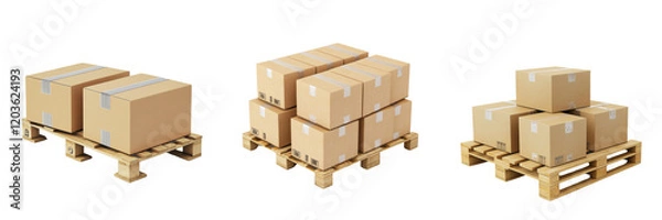 Fototapeta A Set of Small Cardboard Boxes on Wooden Palette for Stylish Storage Solutions Isolated on Transparent Background