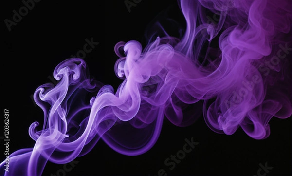 Fototapeta   A stunning neon violet smoke display adorns a stark black backdrop with intricate patterns and sharp edges.