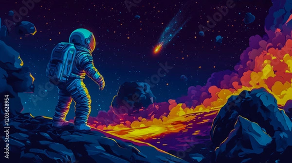 Fototapeta Fantasy cartoon illustration of an astronaut exploring a distant planet in space