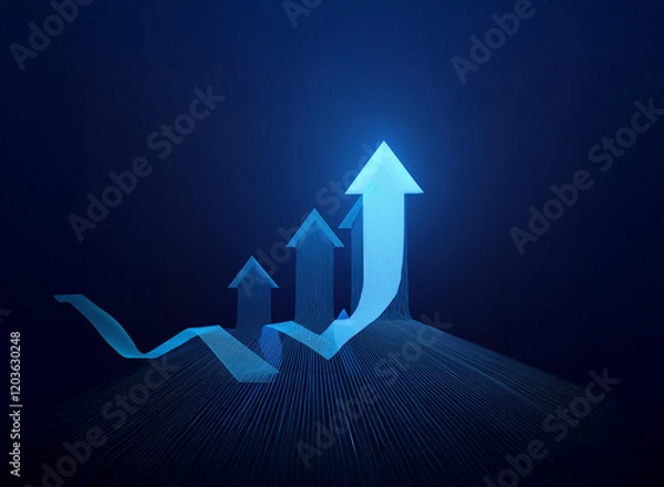 Fototapeta Glowing blue arrows ascend, symbolizing growth and overcoming initial challenges.  A wave-like line represents initial setbacks before the upward trajectory.