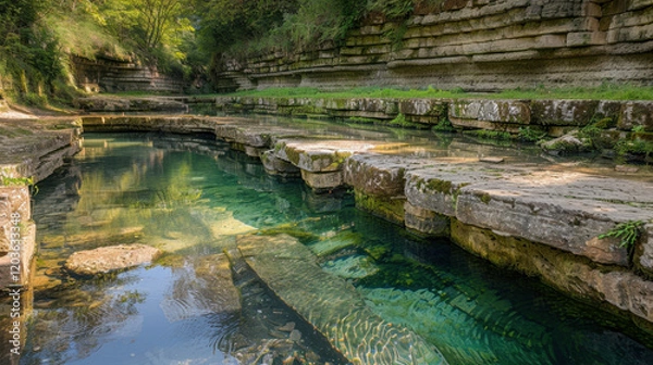 Obraz serene natural landscape featuring clear water flowing through rocky formations, surrounded by lush greenery and trees. tranquil scene invites relaxation and reflection