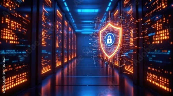 Obraz Cybersecurity shield concept. Digital data protection, network security, and data privacy. Futuristic technology background