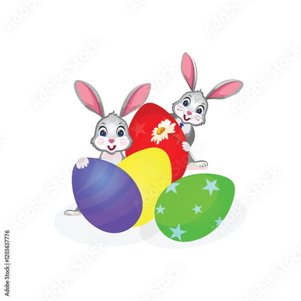 Fototapeta Easter bunnies and eggs.