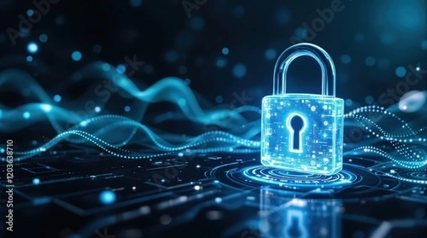 Fototapeta Cybersecurity concept: glowing digital padlock on abstract tech background. Perfect for websites, presentations, and articles on data security, privacy, and protection