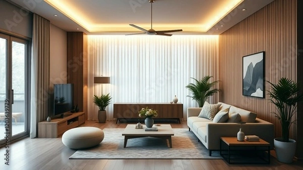 Fototapeta A modern living room enter with a light and smooth wooden package