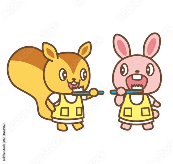 Obraz 歯磨きをするリスとウサギのイラスト