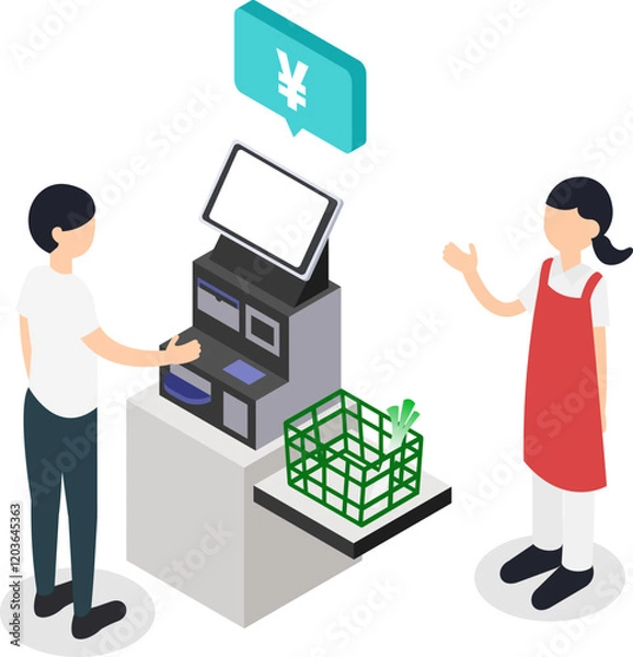 Obraz スーパーでセルフレジを使う男性と案内する店員のアイソメトリックイラスト