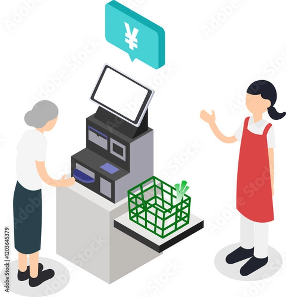 Obraz スーパーでセルフレジを使う高齢女性と案内する店員のアイソメトリックイラスト