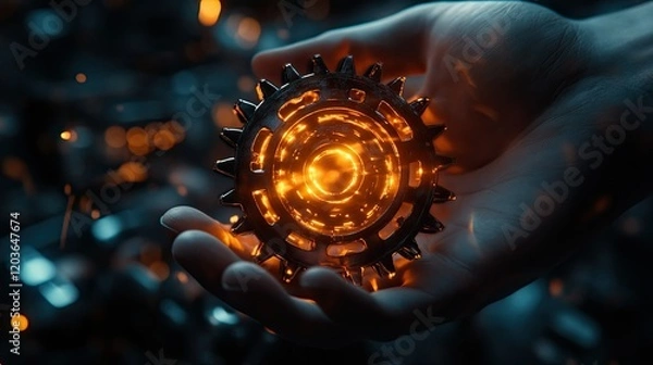 Fototapeta Close-up of a hand holding a glowing gear in a dimly lit workshop