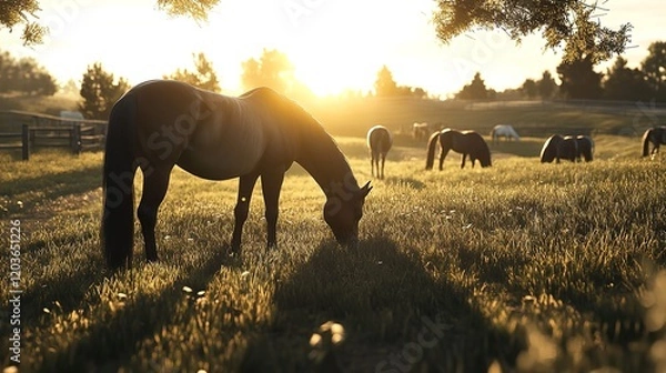 Fototapeta a horse eating grass in sunlight in the fields