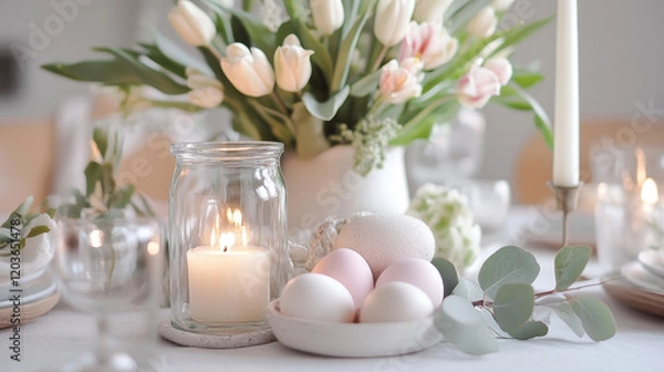 Fototapeta Elegant easter table setting with tulips eggs and candles modern dining room decor inspiration bright and airy atmosphere close-up view