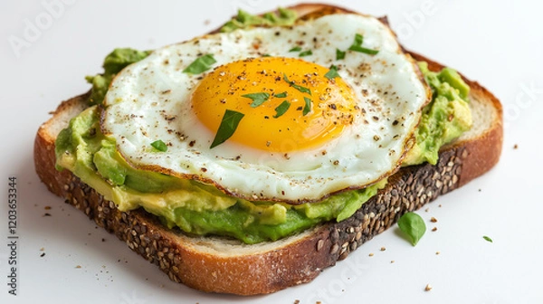 Fototapeta Wholegrain avocado toast with fried egg on top