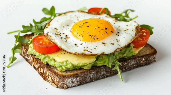 Fototapeta Wholegrain avocado toast with fried egg on top